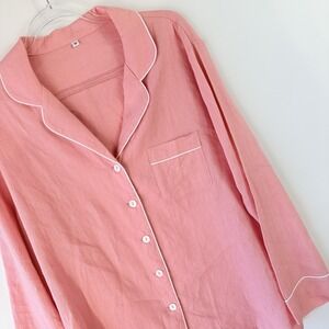 Piglet in Bed Linen Pajama Top Womens M Pink Button Front Piped Trim $89